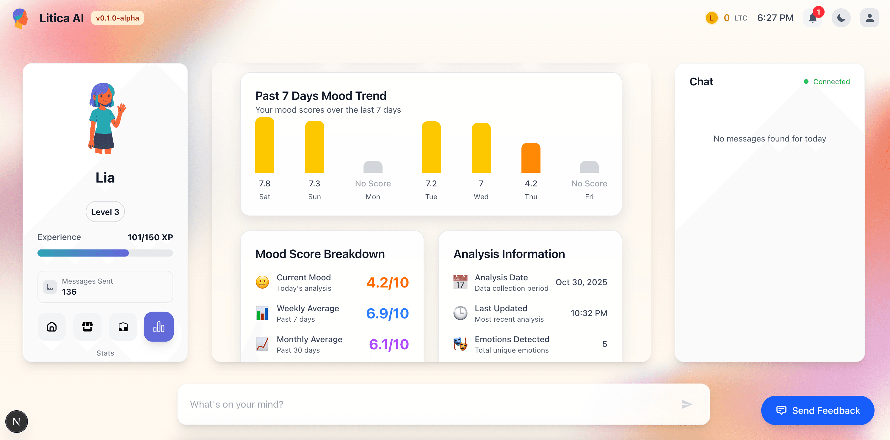 Mood tracking dashboard with 7-day trends and mood score breakdown