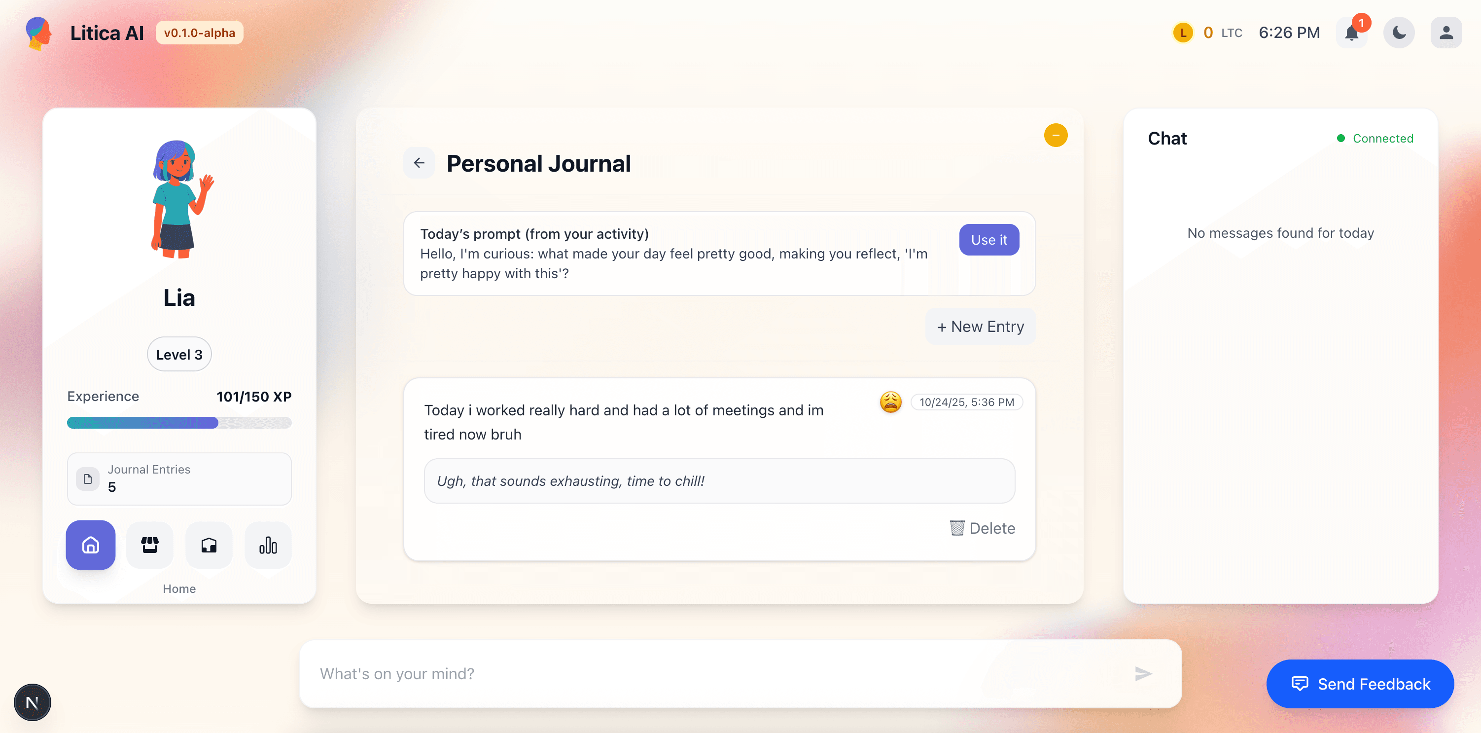 Personal Journal interface with prompts and journal entries