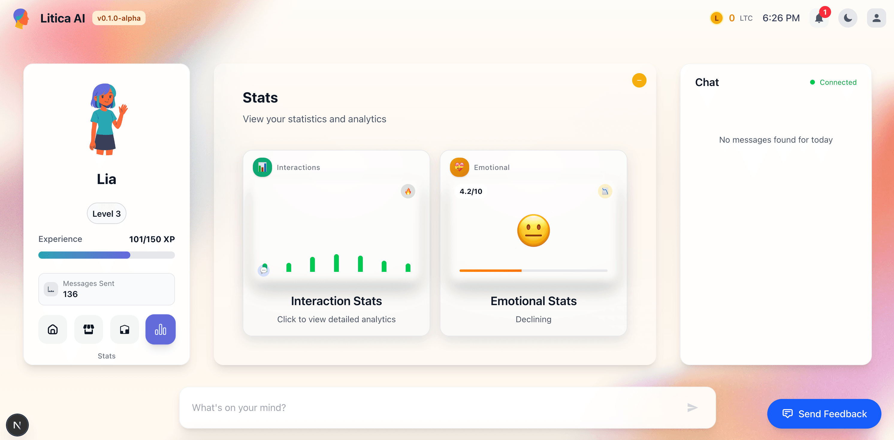 Stats dashboard showing Interactions and Emotional analytics